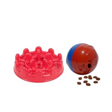 Imagem de Kit Mini Comedouro Lento Pet Fit + Bola Brinquedo Interativa Porta Petisco M Para Cães Estimula Alimentação Lenta Evita Engasgos E Reduz Ansiedade (Vermelho)