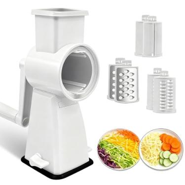 Imagem de SUREWIN Ralador de queijo rotativo 3 em 1 portátil, corpo leve com 3 lâminas de aço inoxidável e base de sucção antiderrapante, para triturar parmesão, fatiar legumes, ralar chocolate (branco)