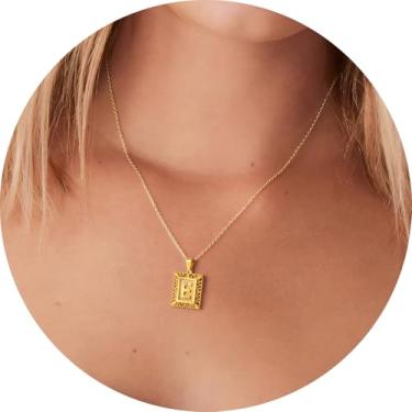 Imagem de Colar com letra inicial para mulheres, aço inoxidável banhado a ouro 18K, pingente retangular A–Z, corrente de 50,8 cm, 20in, Aço inoxidável, Sem Pedra Preciosa