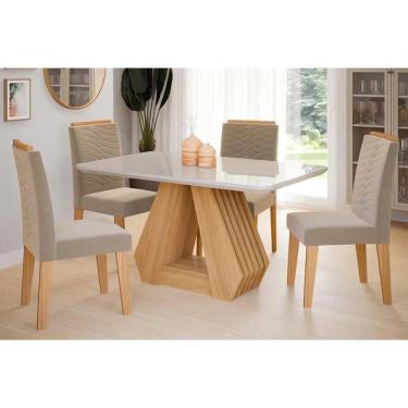 Imagem de Conjunto Mesa Sala Jantar ágata Tampo Madeirado Com Vidro 130x80cm E 4 Cadeiras Clarice Madeirado Linho Bege Cimol
