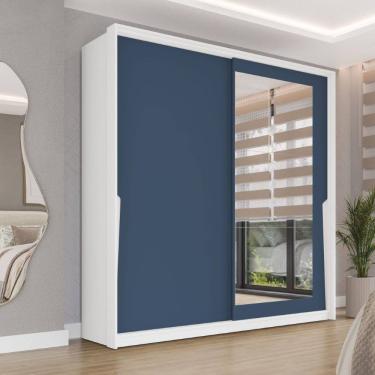 Imagem de Guarda Roupa Roupeiro 2 Portas de Correr 2 Gavetas com Espelho Porto Branco Azul Politorno Móveis