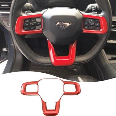 Imagem de Moldura de botão de volante, para Ford Mustang 2024 2025 2026 - ABS vinho vermelho esportivo capa para volante acessórios de envoltório de botão de volante