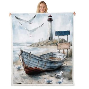 Imagem de jejeloiu Cobertor de lã estampado de barco Queen 228,6 cm x 228,6 cm farol gaivota praia tema sherpa cobertor felpudo meninos meninas mar oceano onda verão litoral cenário natural para cama, cadeira