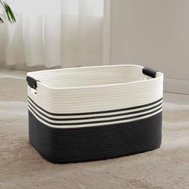 Imagem de SunNewt Cesta grande de roupa suja de 60 L com alças de couro para armazenamento na sala de estar, cesto de cestas de corda tecida para cobertor, brinquedo infantil, presentes, cesto de vime para