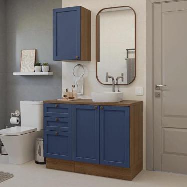 Imagem de Conjunto Gabinete para Banheiro 110cm 3 Gavetas 3 Portas Rustic/Azul V