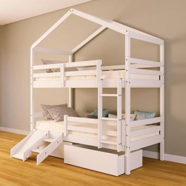 Imagem de Beliche Solteiro Casinha com Gavetas Grade Proteção e Kit Escada/Escorregador Madeira Maciça Branco Megamobilia