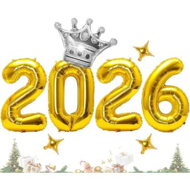 Imagem de Balões de ouro 2025 de 106,7 cm, decorações de ano novo, balões com números de 2025 com coroa de estrelas, placa de 2025 para artigos de festa de véspera de ano novo 2025 NYE Decorações de festa de