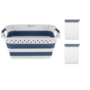 Imagem de Kit Cesto para Roupas Dobrável Electrolux 40 Litros Branco e Azul + 2 Potes Herméticos Organizadores Electrolux Experience Empilhável Modular 1,75L