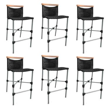 Imagem de Kit 6 Banquetas Em Corda Náutica Base Em Alumínio Cinza Com Detalhe Em Madeira Preta Preto