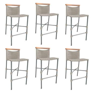 Imagem de Kit 6 Banquetas Em Corda Náutica Base Em Alumínio Cinza Com Detalhe Em Madeira Areia Bege