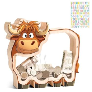 Imagem de Cofrinhos de vaca de madeira para crianças, cofrinho de gado inquebrável para crianças com adesivo de carta, caixa de dinheiro de madeira, presente de aniversário personalizado, brinquedo educativo