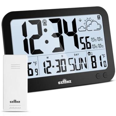 Imagem de Relógio atômico, relógio digital de 25,4 cm, mostrador grande, relógios de parede operados por bateria com luz de fundo, sensor externo sem fio, despertador de temperatura interna e externa, 4 fusos