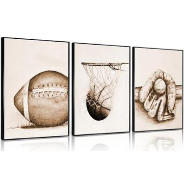 Imagem de 3 peças de arte de parede esportiva futebol beisebol basquete pintura de parede decoração de parede vintage esporte pôster impresso arte para quarto de menino sala de jogos quarto decoração de casa