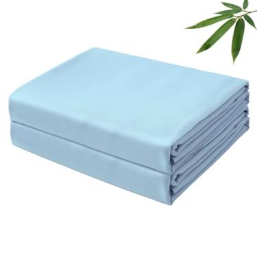 Imagem de Lençol plano de viscose de bambu, tecido de cetim de 400 fios, tamanho TwinXL, apenas 2 peças, resfriamento macio de luxo para pessoas com sono quente, respirável e sedoso (azul claro, TwinXL, 2 peças