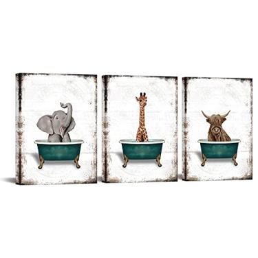 Imagem de RnnJoile Arte de parede animal vintage com 3 peças de arte engraçada elefante girafa e vaca das terras altas na banheira arte em tela para decoração de banheiro impressão emoldurada azul-petróleo e cinza pronto para pendurar 30 x 40 centímetros