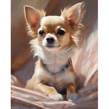 Imagem de WUIVCTR Kits de pintura por números Chihuahua Dog on the Sofa Canvas DIY pintura a óleo para adultos iniciantes com pincéis e pigmento acrílico 40 x 50 cm (sem moldura)