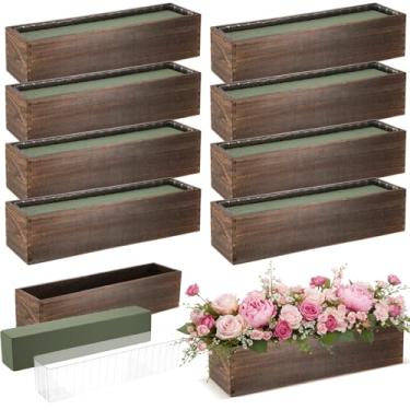 Imagem de Sintuff Conjunto de 8 vasos retangulares de madeira, caixas de madeira de 43 x 10 cm com forro de plástico removível e blocos de espuma floral, plantador de madeira rústica para centros de mesa faça