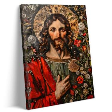 Imagem de BHSUUHIT Retrato de Jesus Vermelho Arte de Parede Católica Decoração de Parede Cristã Impressões Jesus Divina Misericórdia Pôsteres Pintura Religiosa Floral Imagens para Igreja Sala de Oração Pronto