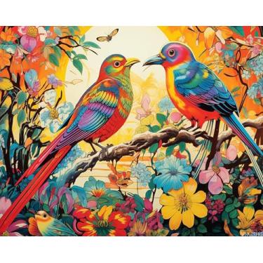 Imagem de Kits de pintura de pássaros da selva por números com pincéis e pigmento acrílico em tela para adultos, imagem de paisagem dos sonhos estilo retrô de flores silvestres para decoração de parede de casa