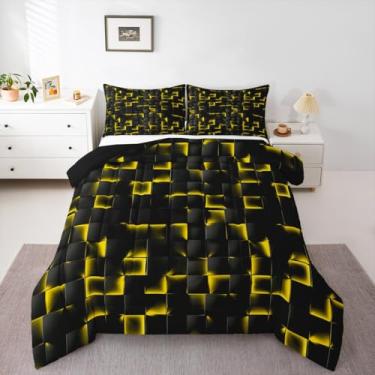 Imagem de Erosebridal Conjunto de edredom Queen geométrico quadriculado dourado preto neon para decoração de quarto de jogos, geométrico, quadriculado, geométrico, edredom