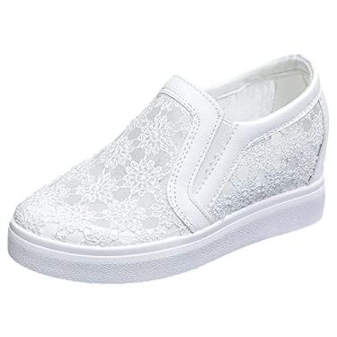 Imagem de rismart Tênis feminino sem cadarço com bico redondo de malha floral confortável para treino e caminhada, Branco, 37