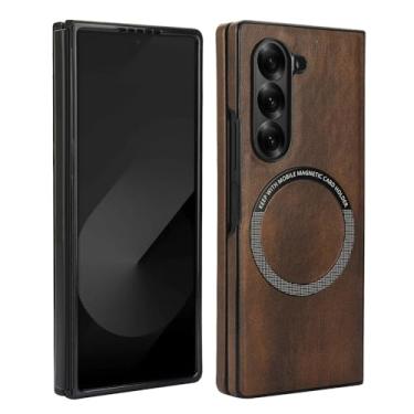 Imagem de XKchatpt Capa magnética para Samsung Galaxy Z Fold 5 suporta carregamento sem fio, capa rígida fina à prova de choque de couro PU para Samsung Galaxy Z Fold 5 (marrom)