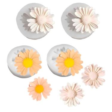Imagem de SWUAVD 4 moldes de silicone de margarida, molde de silicone 3D para decoração de bolo de resina, enfeite de cupcake, vela de tealight, cera de sabão, resina epóxi, fundição de concreto, argila de