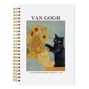 Imagem de LADOCK Van Gogh Caderno espiral de gato preto de girassol, diário floral vintage engraçado de gato, caderno de presentes para mães e senhoras, diário caprichoso de girassóis de gatinho preto, 14 x 21