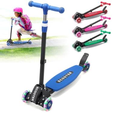Imagem de Scooter infantil com 3 rodas iluminadas por LED, design resistente dobrável, guidão ajustável de 3 alturas, inclinado para dirigir, plataforma antiderrapante larga – para meninos e meninas de 3 a 8