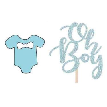 Imagem de Blue Oh Boy Cake Topper - Glitter Boy Baby Shower Gender Reveal Cake Decorations with Onesie Cupcake Picks