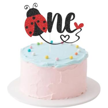 Imagem de Ladybug One Cake Topper, Insect Theme1st Birthday Party Decorations, Our Little Ladybug Is Turning One Party Decor, Black Red Glitter
