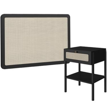 Imagem de Cabeceira Solteiro 90cm e 1 Mesa Lateral 1 Gaveta Madeira Moss A03 Nero Preto- Lyam Decor