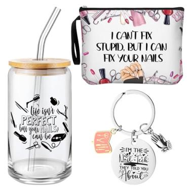 Imagem de Shinylin Conjunto de 3 peças de presentes de tecnologia de unhas para mulheres, 1 copo de vidro com tampas e palha, 1 bolsa de maquiagem de viagem, 1 chaveiro novidade presentes de manicure para Natal
