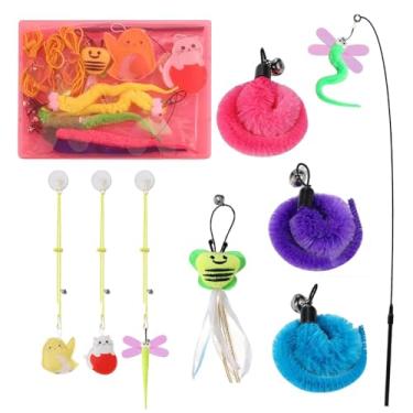 Imagem de Brinquedos para gatos com penas | Brinquedos interativos com varinha retrátil para gatos | 9X suprimentos para animais de estimação com sino e erva-dos-gatos, jogos internos para brincadeiras de