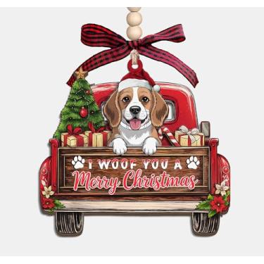 Imagem de Enfeite de madeira I Woof You A Merry Christmas - Caminhão de Natal com cachorro Beagle 3 camadas, enfeite de lembrança de madeira, presentes para mulheres, homens, amantes de animais de estimação e