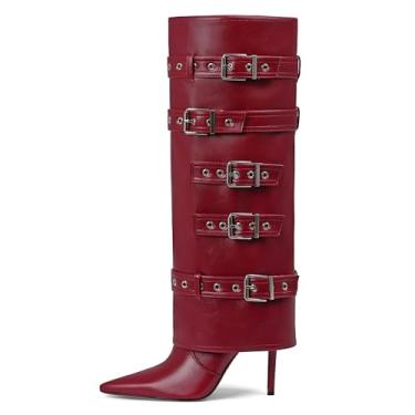 Imagem de Grakihily Bota feminina com fivela na altura do joelho, dobrável, couro de outono, bico fino, salto agulha longa com zíper, Vermelho, 35