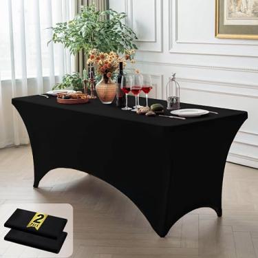 Imagem de FOLINS&HOME Pacote com 2 toalhas de mesa pretas retangulares de 1,8 m com elástico, capa de mesa lavável de elastano resistente à água para mesas de 1,8 m, toalha de mesa elástica para casamentos