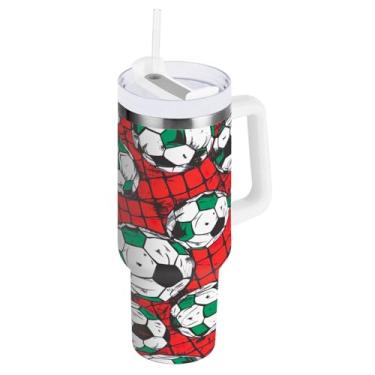 Imagem de Kigai Copo de futebol colorido de 1,134 g com tampa e canudo, copo isolado de aço inoxidável durável à prova de vazamento com alça, garrafas de água à prova de derramamento para viagens