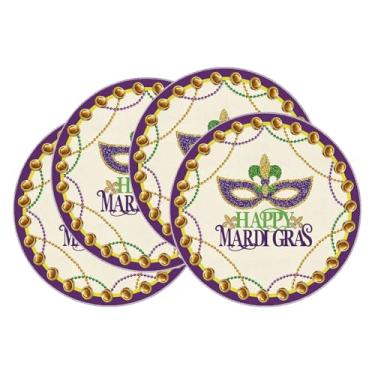 Imagem de XCHI Happy Mardi Gras Fleur De Lis Iris Máscara de baile de máscaras redondas conjunto de 4 tapetes de mesa para festa, casa, cozinha, decoração de mesa de jantar, 35 x 35 cm