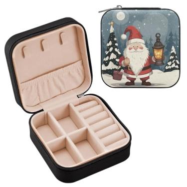 Imagem de Wassud Um gnomo segurando uma lanterna estojo de joias de viagem para mulheres meninas senhoras noiva mini organizador de joias de couro PU, caixa quadrada de armazenamento de joias para brincos
