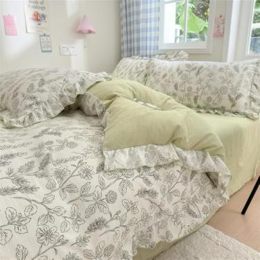 Imagem de Conjunto de capa de edredom de renda com 4 peças (1 capa de edredom + 1 lençol plano + 2 fronhas, sem núcleo), conjunto de cama com estampa de flores frescas, tule de camada dupla super macio, renda