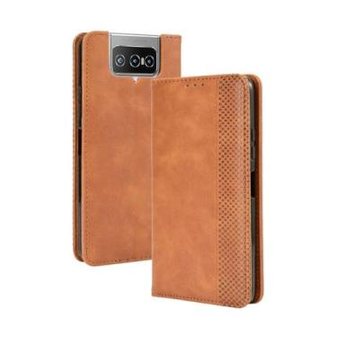Imagem de Capa flip de couro para Asus Zenfone 7 Pro ZS671KS,Flip magnético retro,Caso de telefone de couro PU,Design de carteira com 3 slots de cartão e 1 clipe de dinheiro -Brown