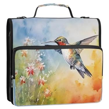 Imagem de CEBUGI Fichário de 3 anéis com zíper com alça de ombro, pasta de arquivo expansível de 3,8 cm, anéis D, para escola, escritório, aquarela, beija-flor