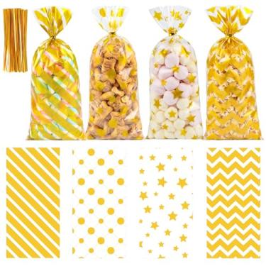 Imagem de QOIUSO Sacos de guloseimas duráveis de celofane dourado – 100 peças, saco de presente transparente de plástico de 12 x 28 cm com gravatas, sacos de celofane com listras e padrões de estrelas para