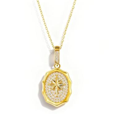 Imagem de ELARLACE Colar de medalhão Starburst banhado a ouro 18K para mulheres | Presente de joia de ouro de zircônia cúbica cintilante | Hipoalergênico e sem chumbo, Medium, Latão, Sem Pedra Preciosa