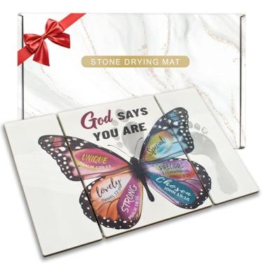 Imagem de Olicard Tapete de banho de pedra dobrável, tapetes de banho de secagem rápida de borboleta inspiradora - antiderrapante 59,9 cm x 39,4 cm tapete de banheiro de terra de diatomáceas, presentes cristãos