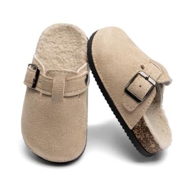 Imagem de Tamanco infantil com forro de lã Toddeler tamancos de camurça para meninos e meninas sandálias de cortiça com fivela ajustável mules, A1/Apricot, 22