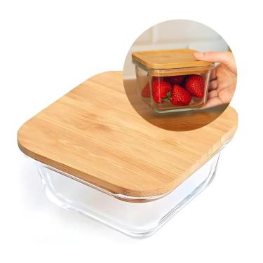 Imagem de Pote De Vidro Com Tampa De Bambu Quadrado 320ml Em Casa Tem