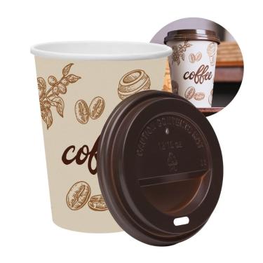 Imagem de Kit 150 Copos De Café Descartável Papel 300ml Biodegradável Branco Com Tampa Lyor