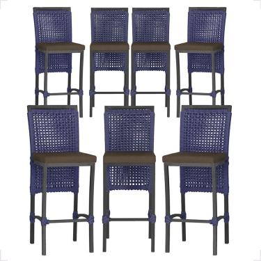 Imagem de 7 Banquetas Em Alumínio Roma Preta Corda Náutica Tecido 9 Azul